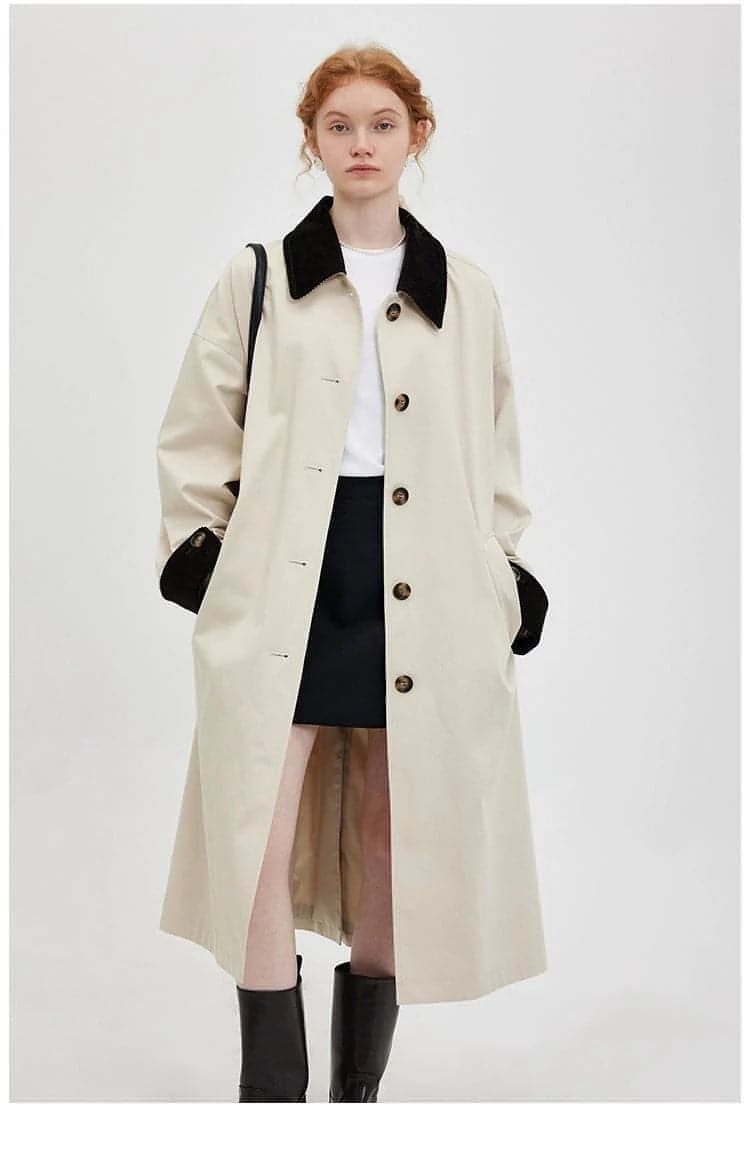 New Retro Color-block Long Trench Coat