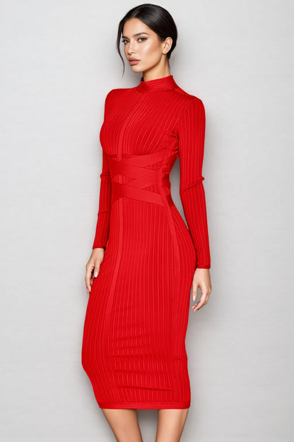 Layra Colour Stand Collar Midi Dress-red