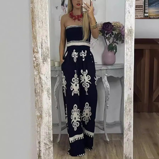 Street Hipster Wrapped Chest Printed Jumpsuit High Waist Pants