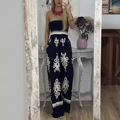 Street Hipster Wrapped Chest Printed Jumpsuit High Waist Pants