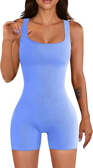 Yoga Jumpsuit Workout Ribbed Square Collar Sleeveless Sports Jumpsuit