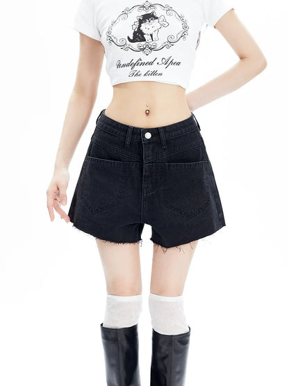 High-waisted Chevron Denim Shorts