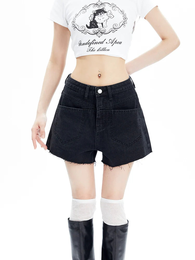 High-waisted Chevron Denim Shorts