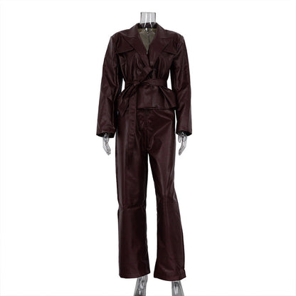 Spring Autumn Retro Green Fruit Collar With Belt Leather Coat High Waist Leather Pants Set for