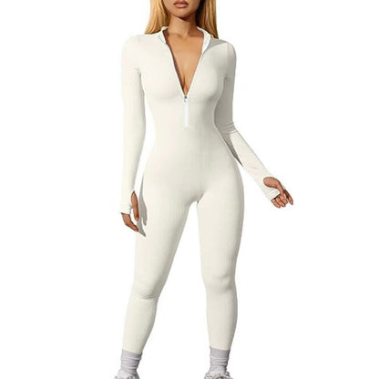 Sports Jumpsuit Workout Ribbed Long Sleeve Zipper Jumpsuit Trousers Tight
