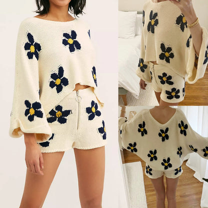 Clothing Print Long Sleeved Woolen Shorts Home Wear Two Piece