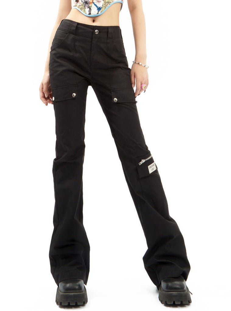 Black Flared Cargo Pants With Multiple Pockets