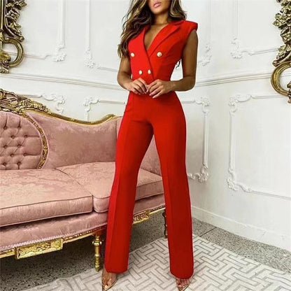 Spring Summer Clothing Color Matching Button V-neck Sleeveless Houndstooth Jumpsuit Business Wear for