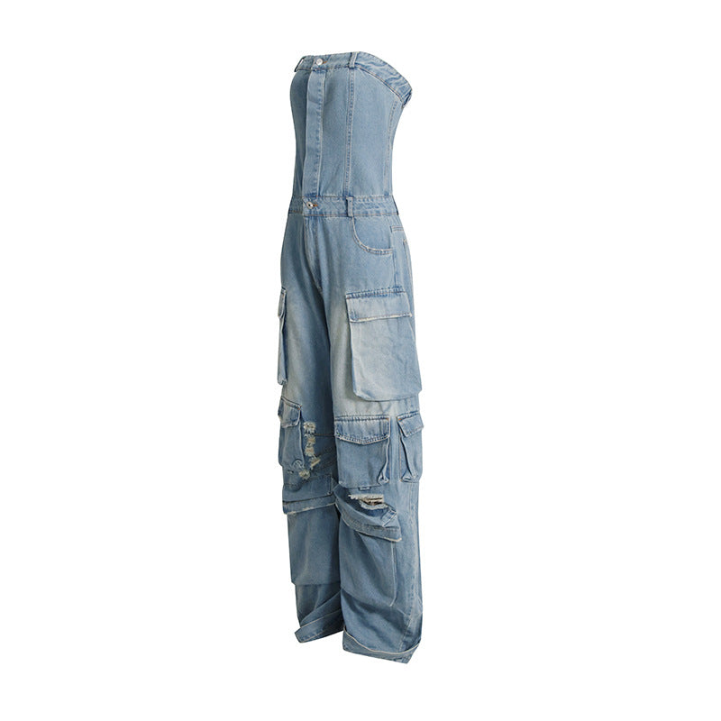Summer Multi Pocket Ripped Waist Slimming Tube Top Tooling Denim Jumpsuit