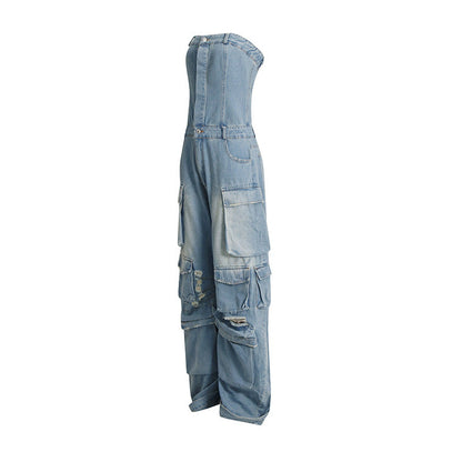Summer Multi Pocket Ripped Waist Slimming Tube Top Tooling Denim Jumpsuit