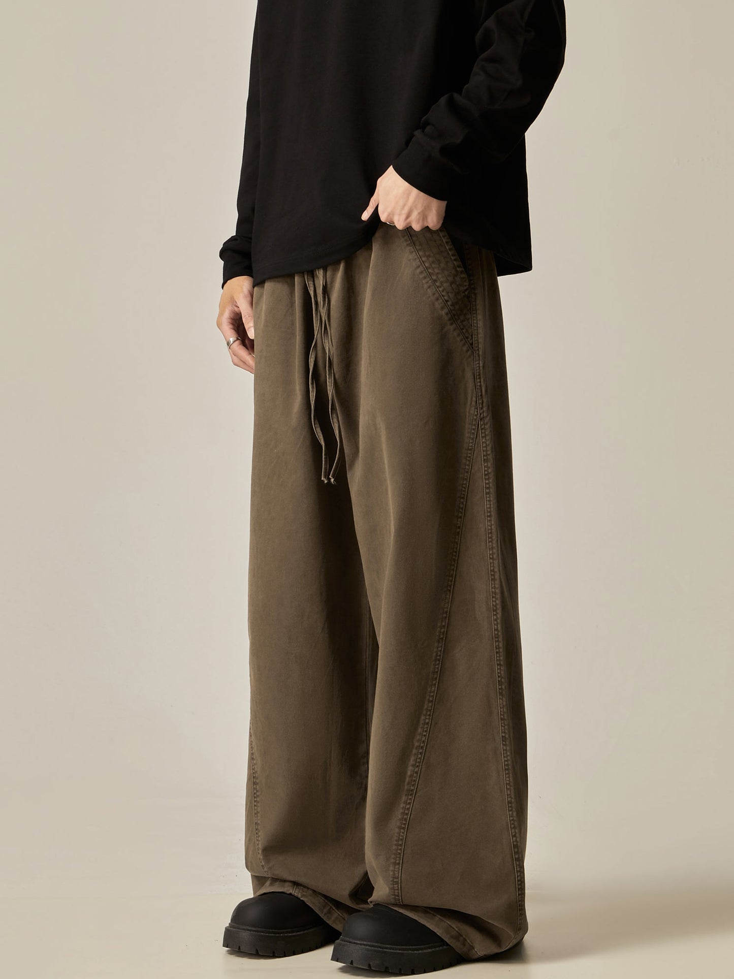 Brown Loose Drawstring Wide Pants