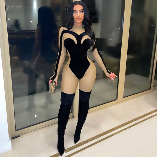 See-through Velvet Tight Slimming Sheath Jumpsuit
