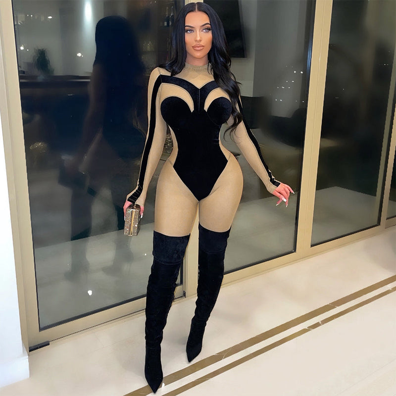 See-through Velvet Tight Slimming Sheath Jumpsuit