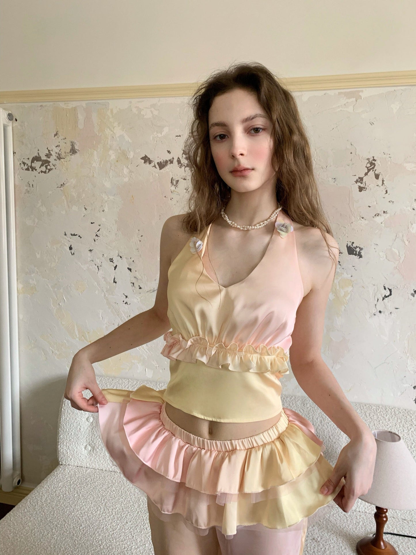 Pink Gradient Ruffle Three-piece Set