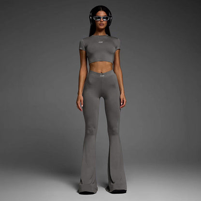Sports Basic Pullover Cropped Short Sleeve Top High Waist Flared Pants Yoga Two Piece Set