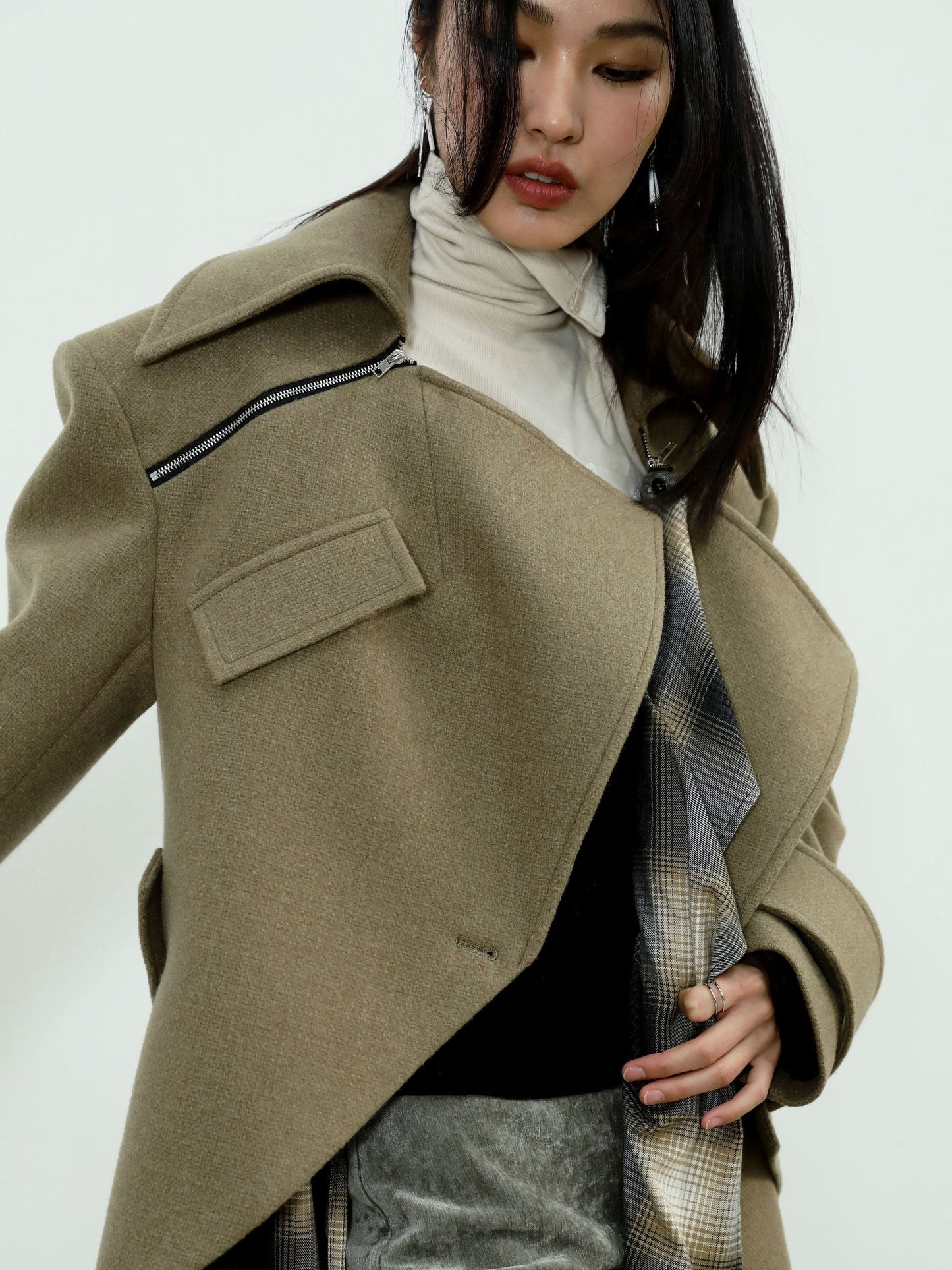 Asymmetric Woolen Coat With Faux Layered Look