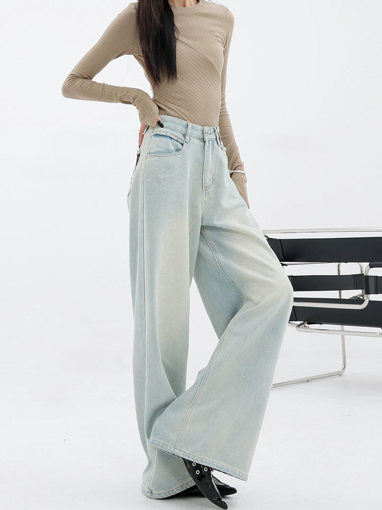 Light Blue Loose Straight Wide-leg Denim Pants With Embroidery Design