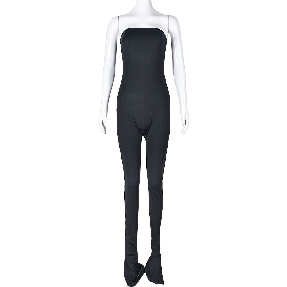 Clothing Off Neck Stitching High Elastic Slit Slim Fitting Jumpsuit