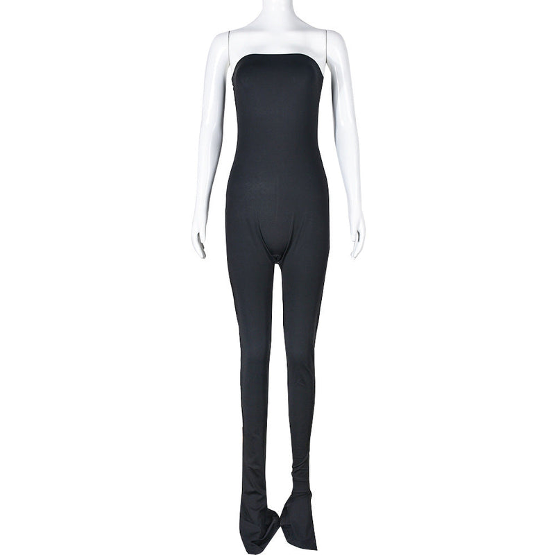 Clothing Off Neck Stitching High Elastic Slit Slim Fitting Jumpsuit