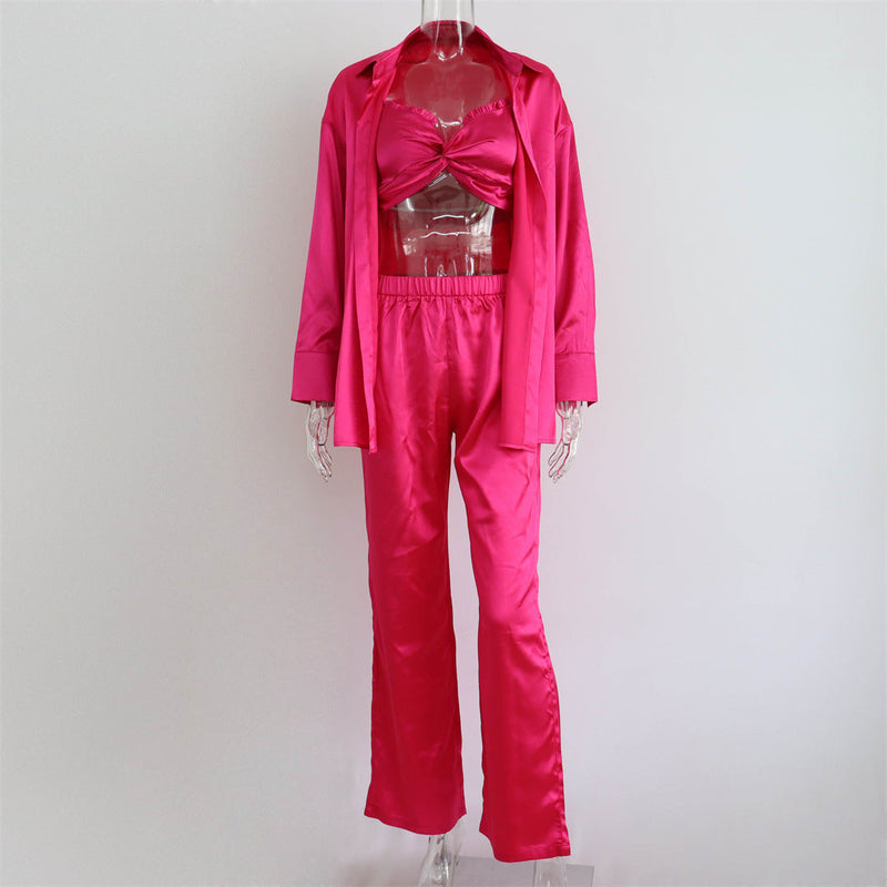Spring Autumn Satin Three Piece Set Clothing Satin Wrapped Chest Vest Shirt Pants Set