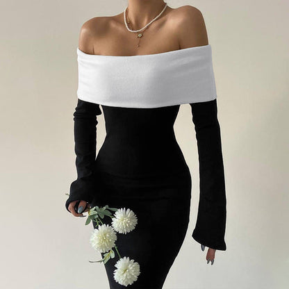 Clothing Autumn Winter Contrast Color Off Shoulder Long Sleeve Waist Slimming Maxi Dress