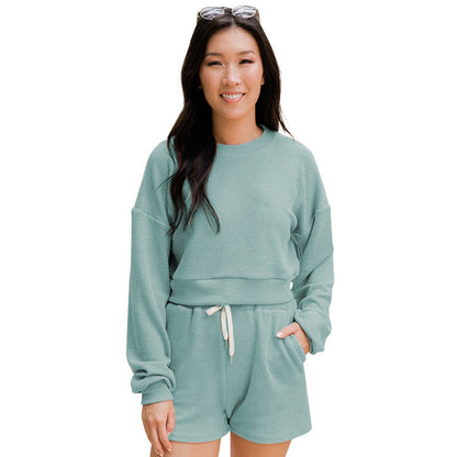 Autumn Winter Color Round Neck Pullover Long Sleeve Sweater Shorts Suit