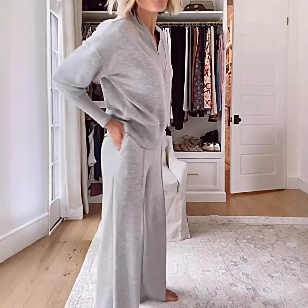 Autumn V Neck Long Sleeve Loose Top Wide Leg Pants Two Piece Set