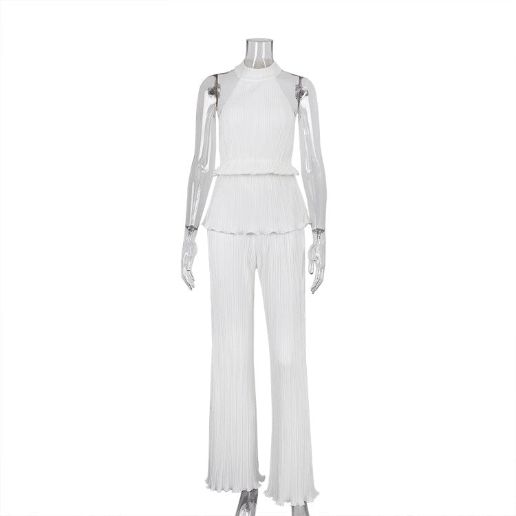 Halter Backless Sleeveless Vest White Pleated High Waist Wide Leg Pants Suit for Textured