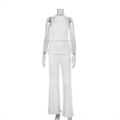 Halter Backless Sleeveless Vest White Pleated High Waist Wide Leg Pants Suit for Textured