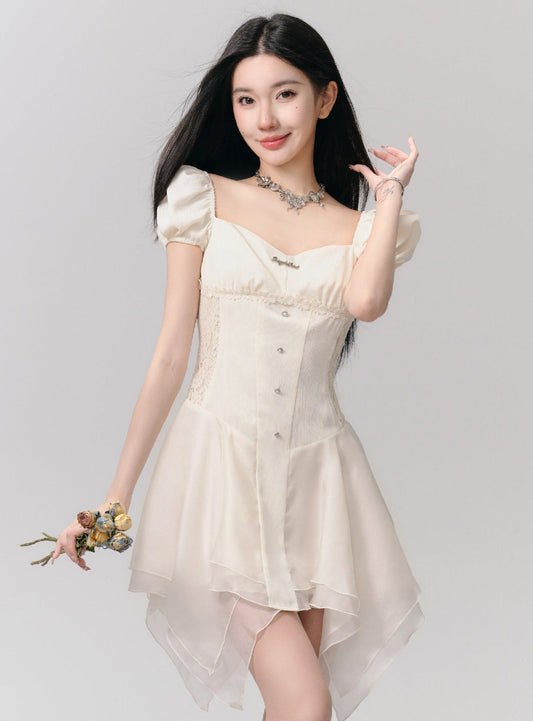 Romantic White Puff Sleeve Mini Dress - Corset-style Bodice With Handkerchief Hem