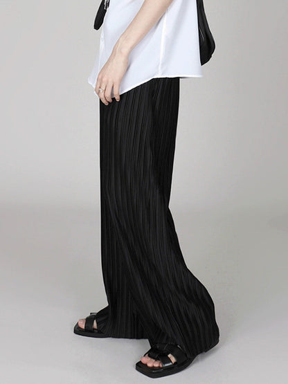 Ice Silk Pleated Wide-leg Pants With Draped Floor-length Design