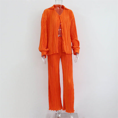 Summer Suit Clothing Pleated Long Sleeve V Neck Shirt Pants Two Piece Set