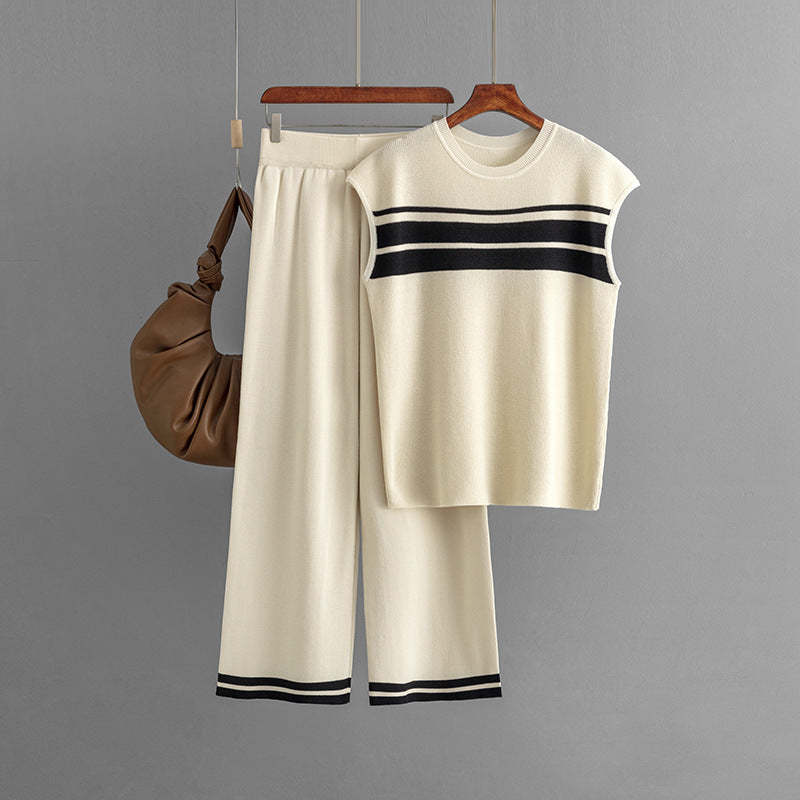 Suit Loose Contrast Color Striped Sleeveless Top High Waist Wide Leg Pants Two Piece Set