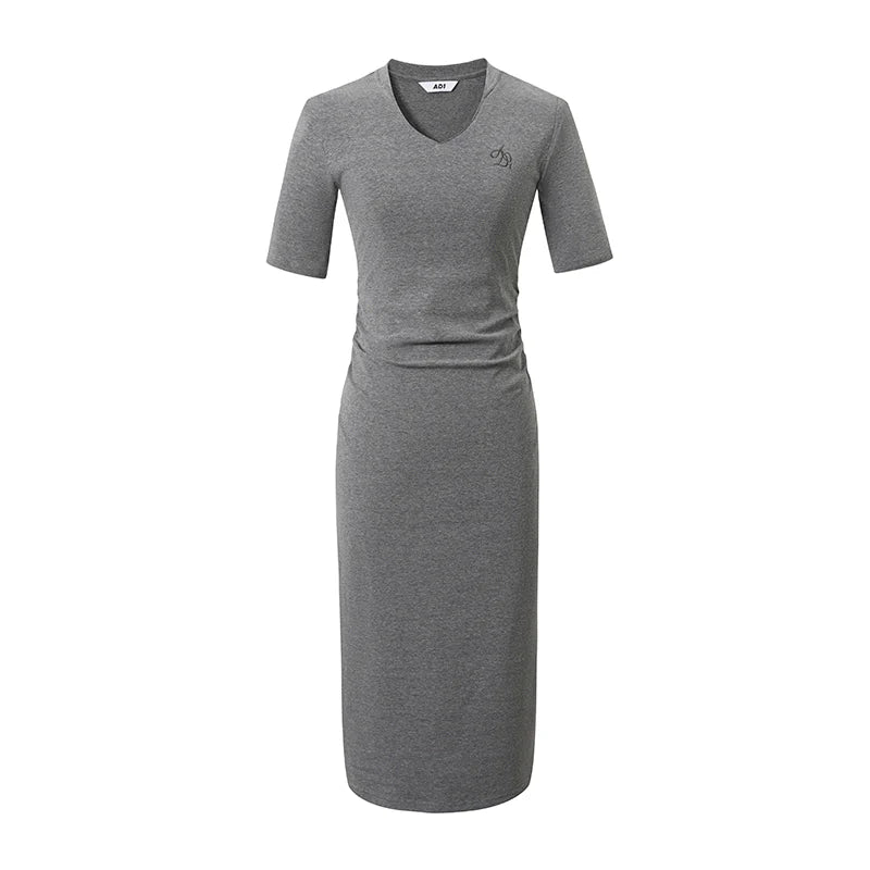 Sleek V-neck Midi Dress: Figure-hugging Bodycon With Elbow-length Sleeves in Heather Gray and Black