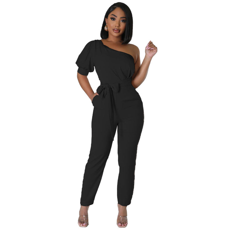 One Shoulder High Waist Backless Slim Tapered Trousers Jumpsuit