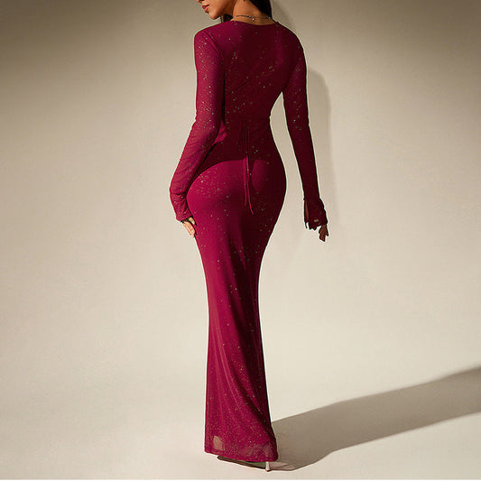Mesh Square Silver Strip Dress V Neck Hip Long Sleeve Tied Maxi Dress