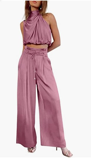 Sleeveless Collar Two Piece Sets Wide Leg Pants Summer Cropped Top