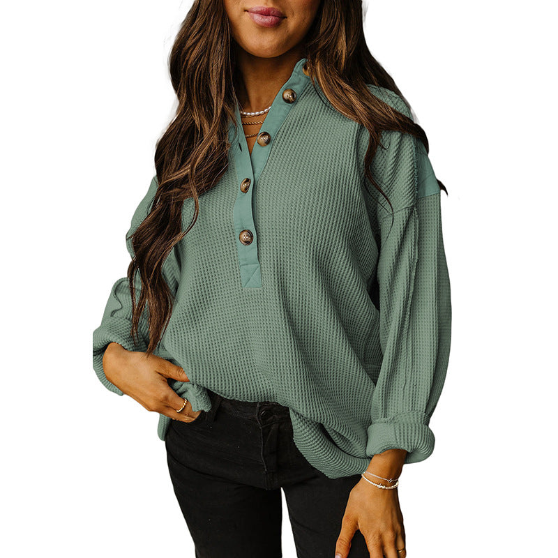 Summer Pullover Round Neck Long Sleeves Top Loose Oversize Waffle Sweatshirt