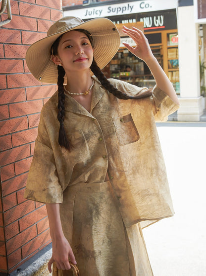 Retro Jacquard Loose Shirt & Skirt Pants Set