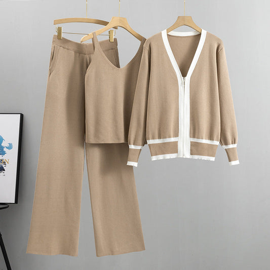 Khaki – Knit Cardigan Cami Three Piece Set