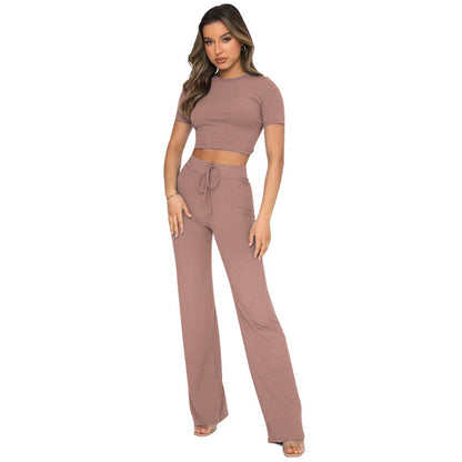 Set Color High-elastic Body Shaping Short Sleeve Sunken Stripe Wide Leg Pants Two-piece Set