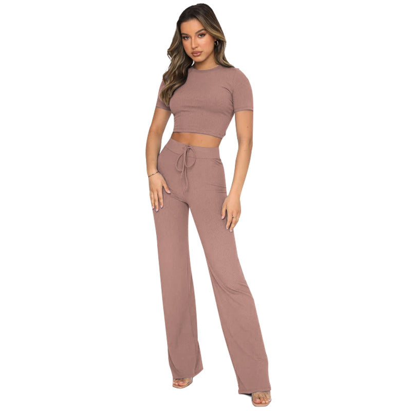 Set Color High-elastic Body Shaping Short Sleeve Sunken Stripe Wide Leg Pants Two-piece Set
