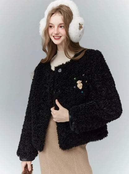 Cozy Teddy Bear Cardigan: Plush Textured Cropped Jacket With Charming Embroidered Details