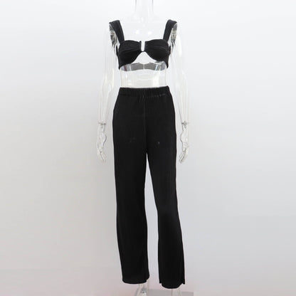Clothing Spring Summer Two Piece Suit Pleated Backless Vest Straight Pants Suit for