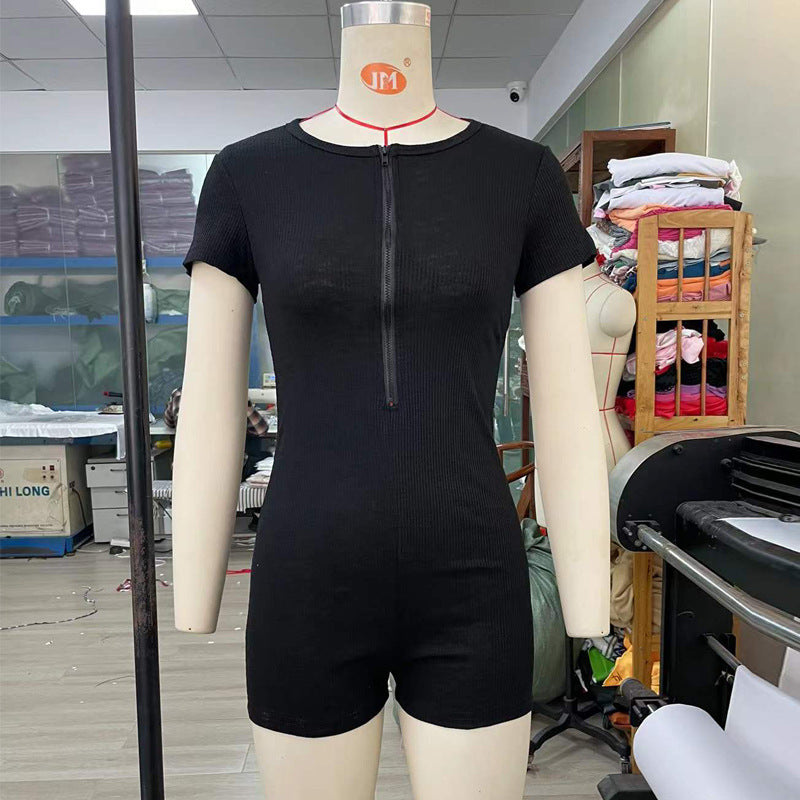 Jumpsuit Short Sleeve Knitted Slim Fit Zipper Hip