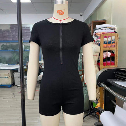 Jumpsuit Short Sleeve Knitted Slim Fit Zipper Hip