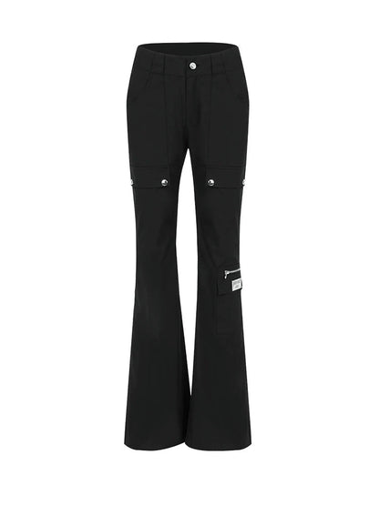 Black Flared Cargo Pants With Multiple Pockets