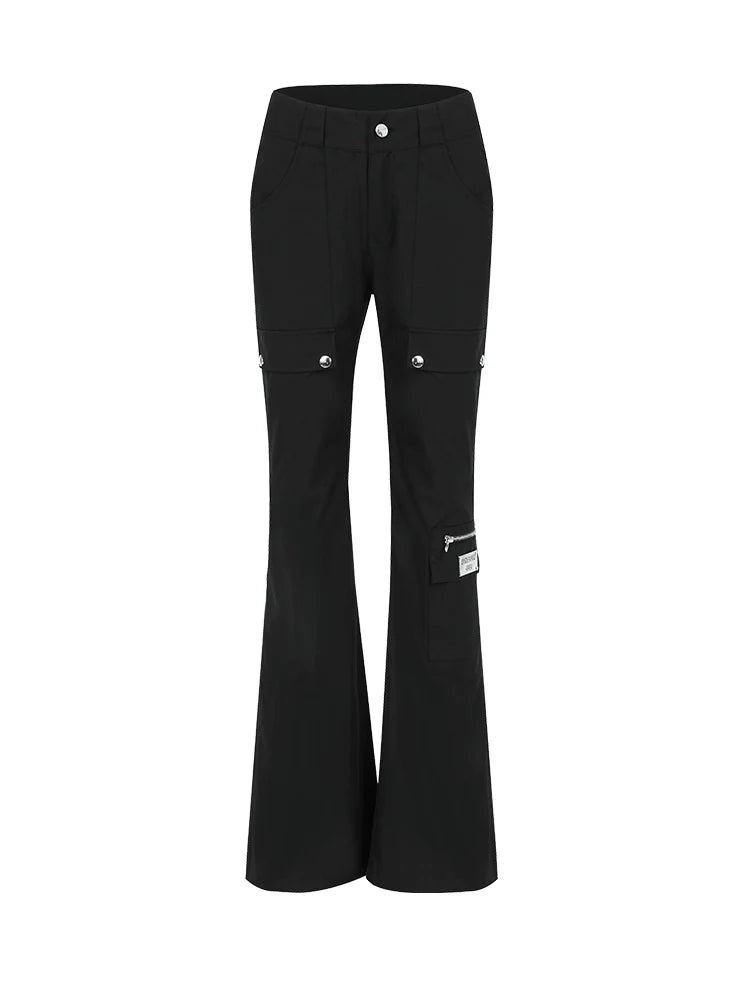 Black Flared Cargo Pants With Multiple Pockets