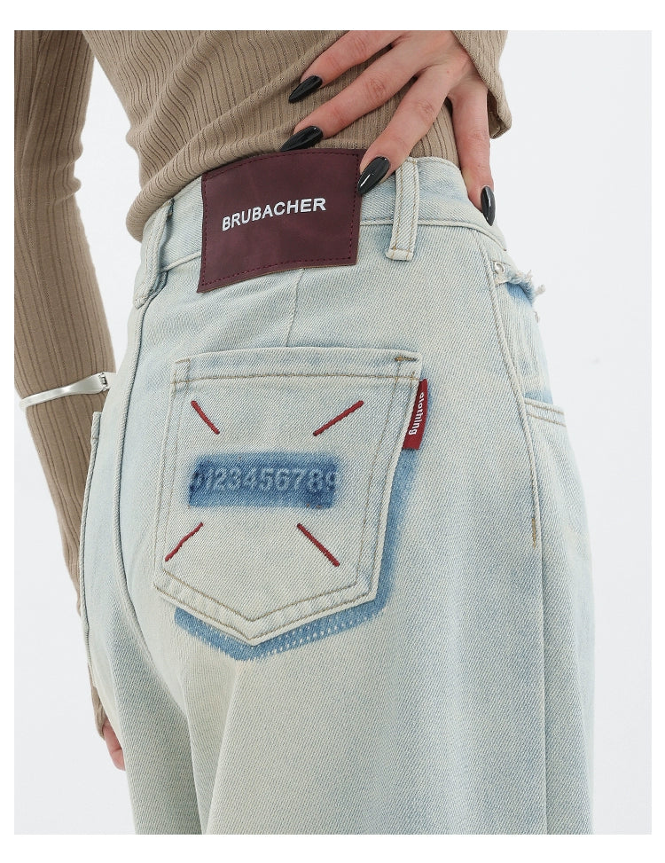 Light Blue Loose Straight Wide-leg Denim Pants With Embroidery Design