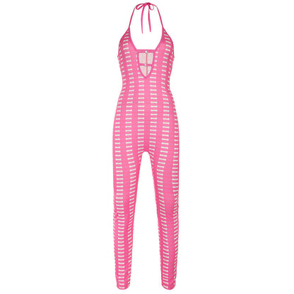 Clothing Barbie Pink Striped Contrast Color Deep V Plunge Neck Hollow Out Cutout Out Tight Braces Halter Jumpsuit Skinny Trousers
